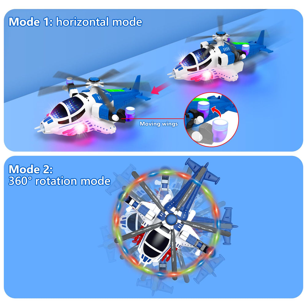 Choopheme helicopter toy's bright colors captivate toddlers during active exploration.