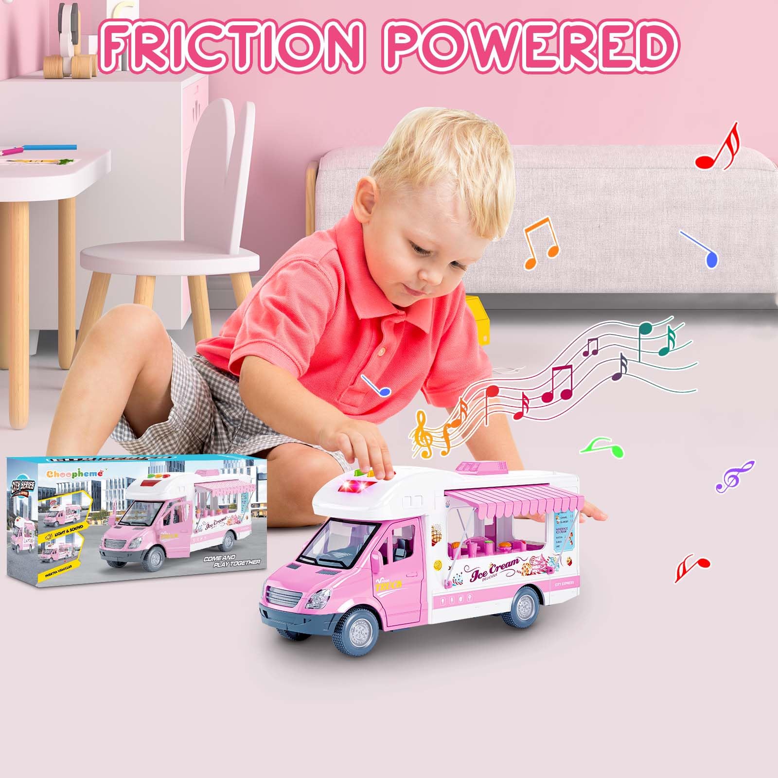 Choopheme ice cream truck toy friction wheels propel movement without batteries.