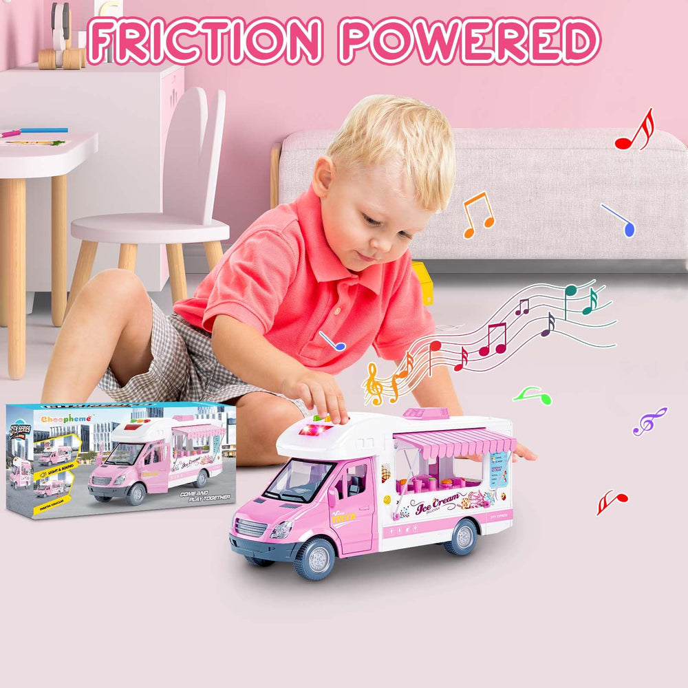 Choopheme ice cream truck toy friction wheels propel movement without batteries.