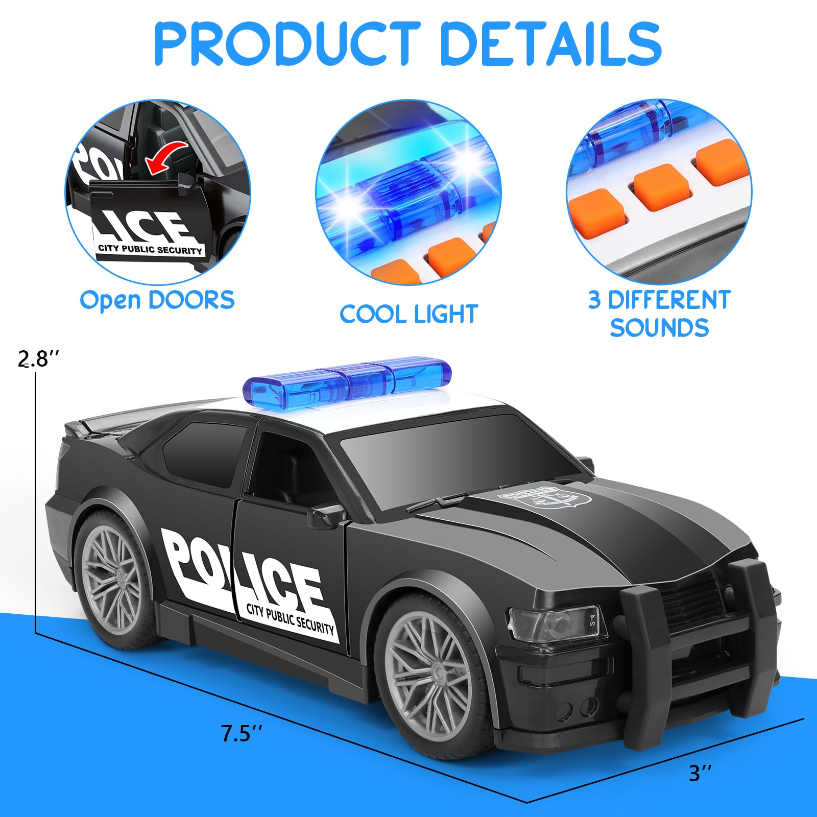 Choopheme police car toy side view showcases durable, kid-friendly design.
