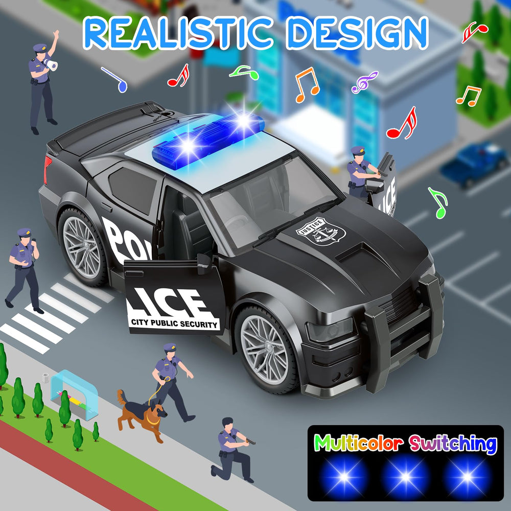 Choopheme police car toy siren lights flash during pretend patrols.