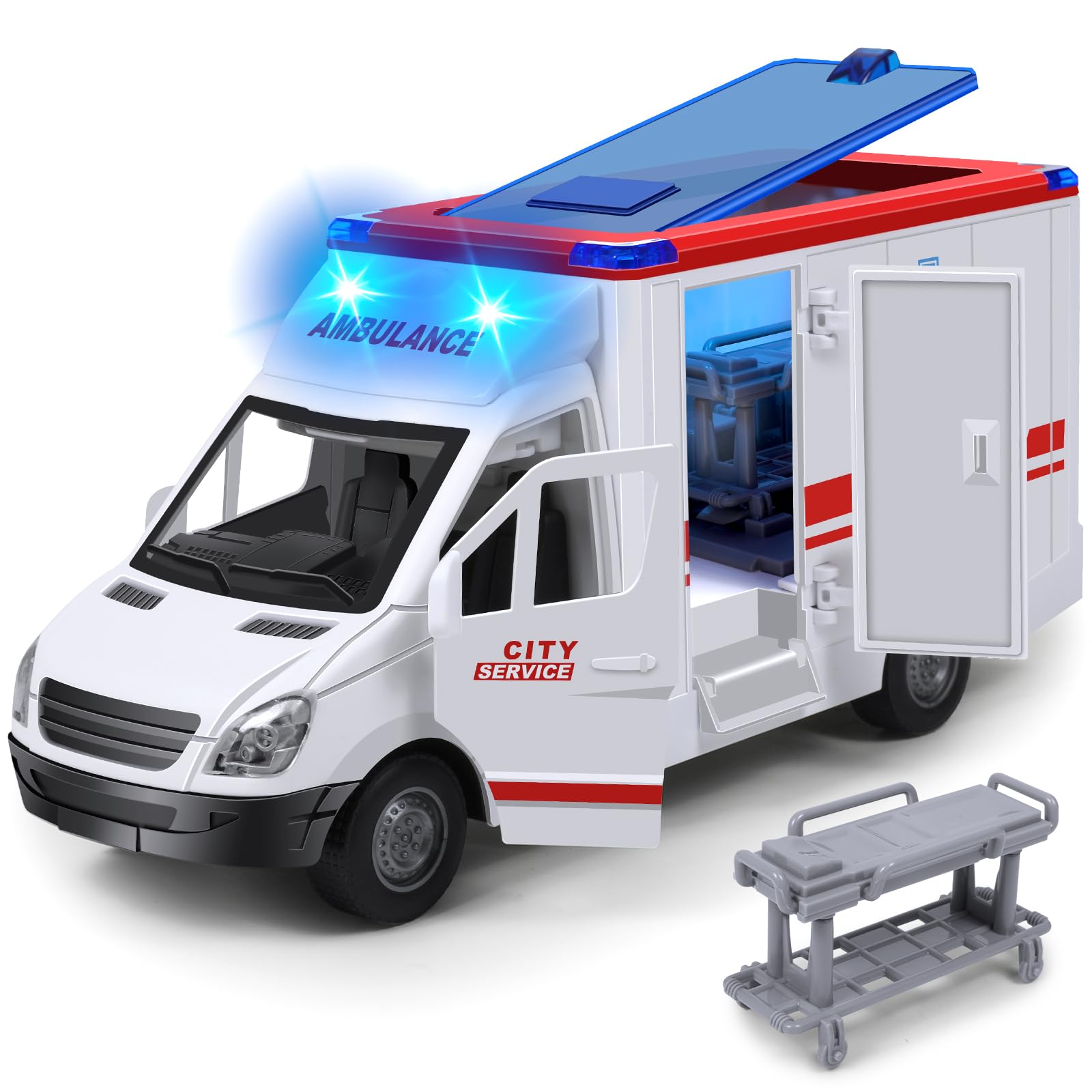 Choopheme toy ambulance front view with flashing lights for immersive play.