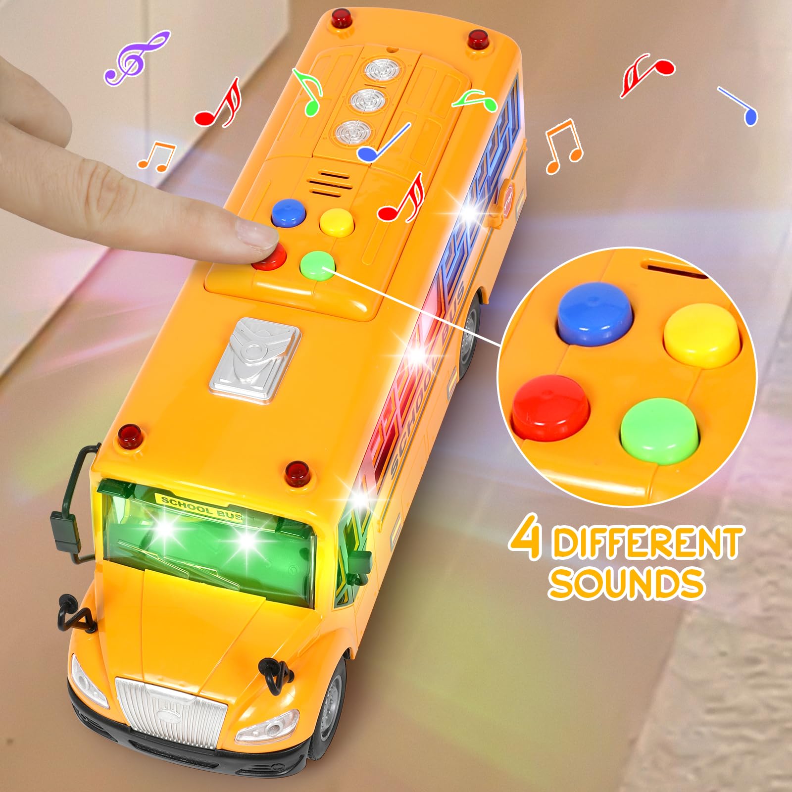 Choopheme Yellow School Bus top buttons scene showcasing interactive sounds for storytelling.