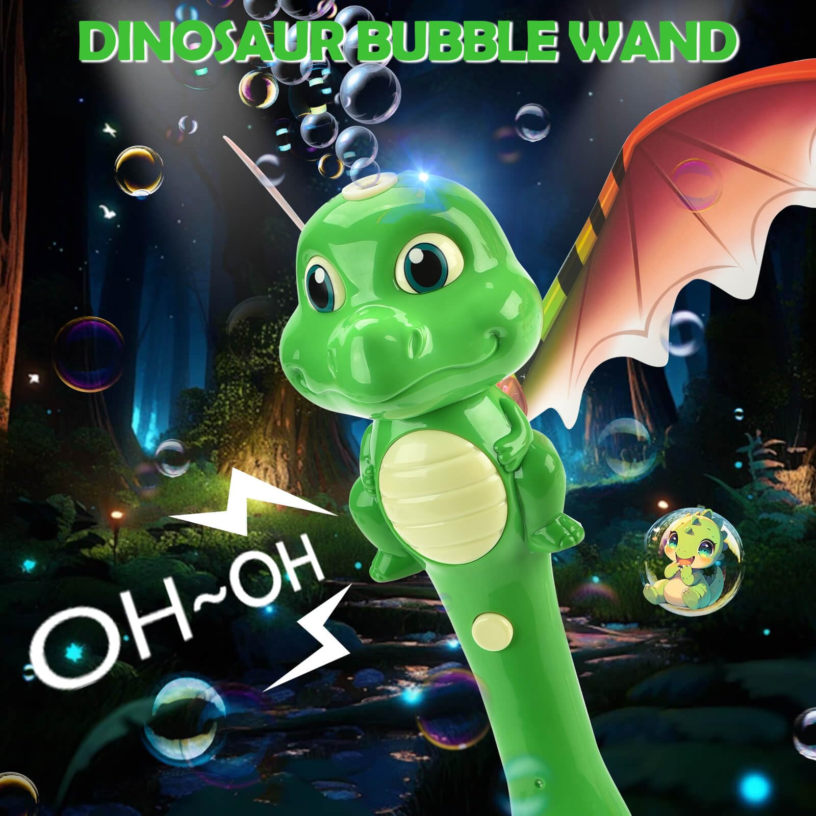 Chridark Dinosaur Bubble Wand LED light show enhances magical bubble moments.