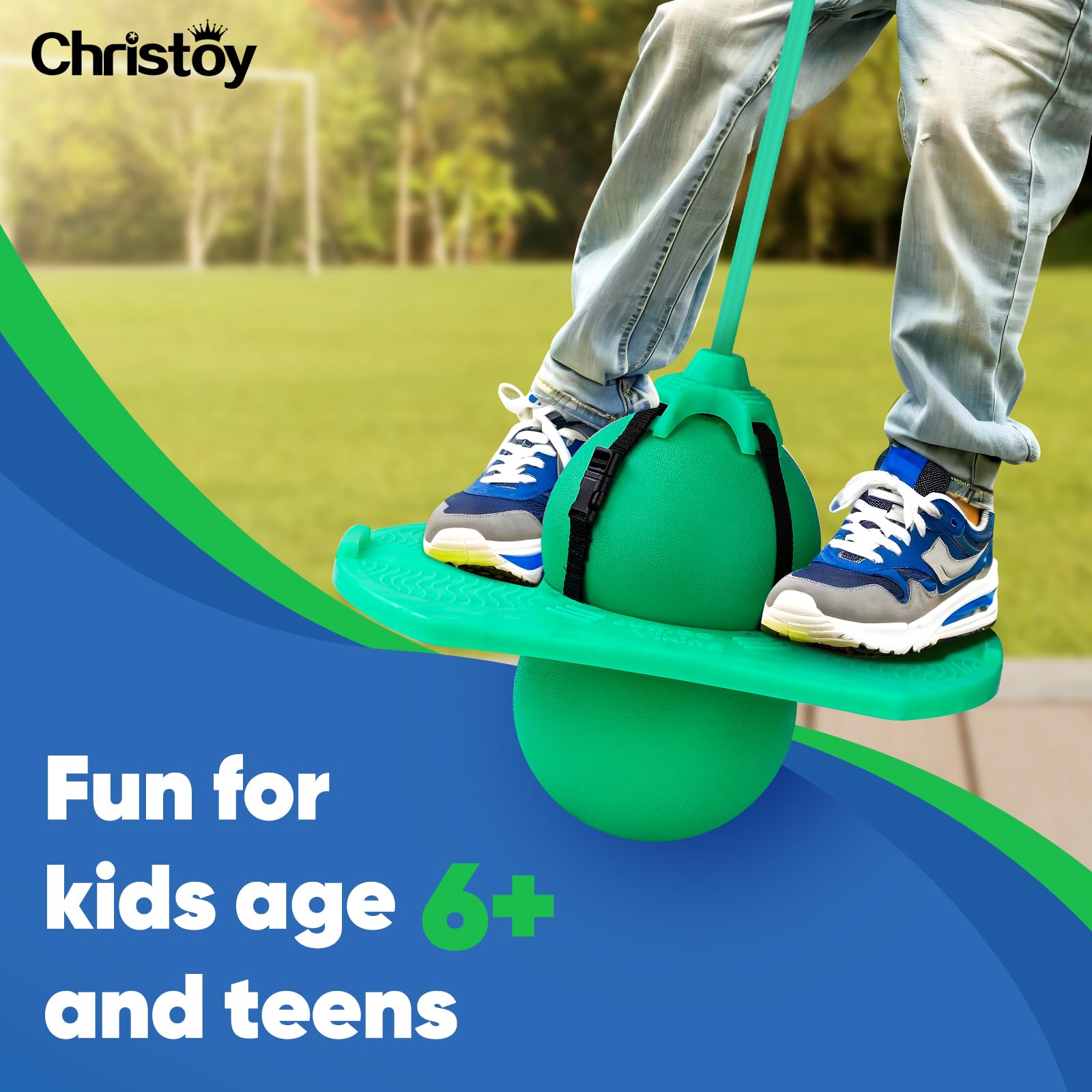 Christoy Pogo Ball Pump in action inflating a soft, quiet bouncing surface.