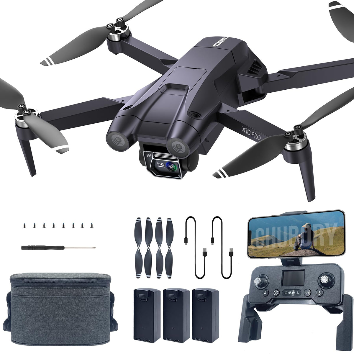 CHUBORY X10 PRO front view shows portable GPS drone for quick shoots.