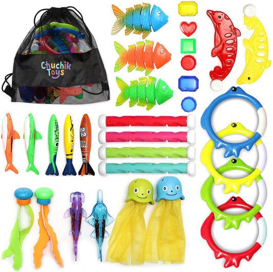 Chuchik diving sticks underwater aiding kids' retrieval practice in the pool