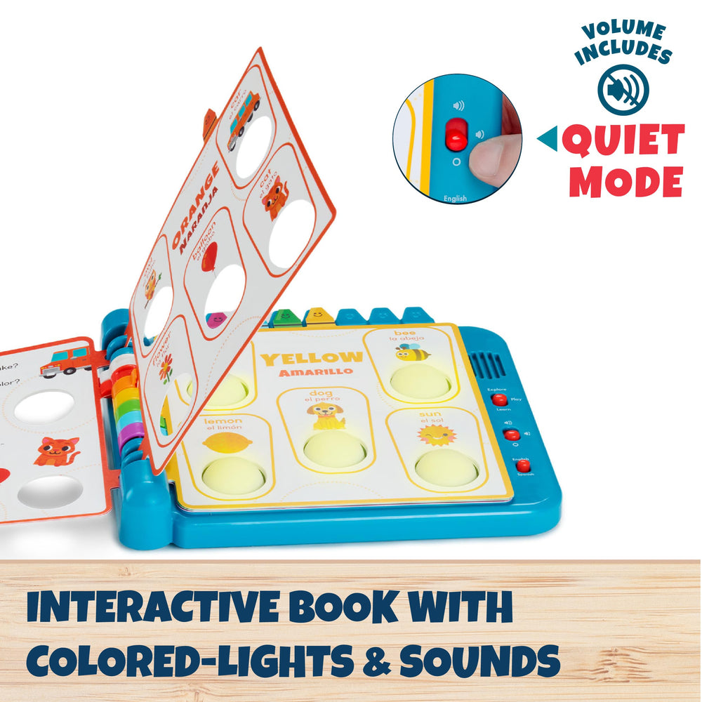 Chuckle & Roar open pages displaying multiple color panels and English and Spanish labels for learning