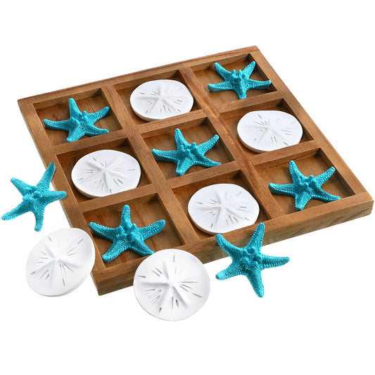 Chunful Beach House Decor Tic Tac Toe board with seashells for travel-friendly family fun.