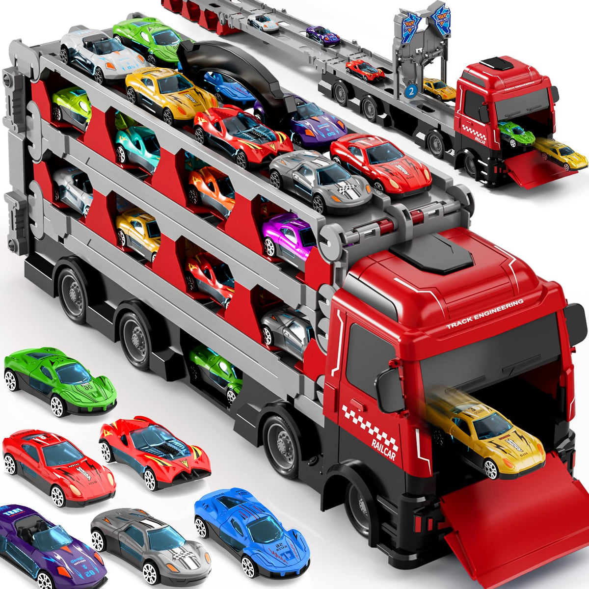 Ci Vetch 78-Inch transport truck track with storage for 24 die-cast cars, ideal active play.