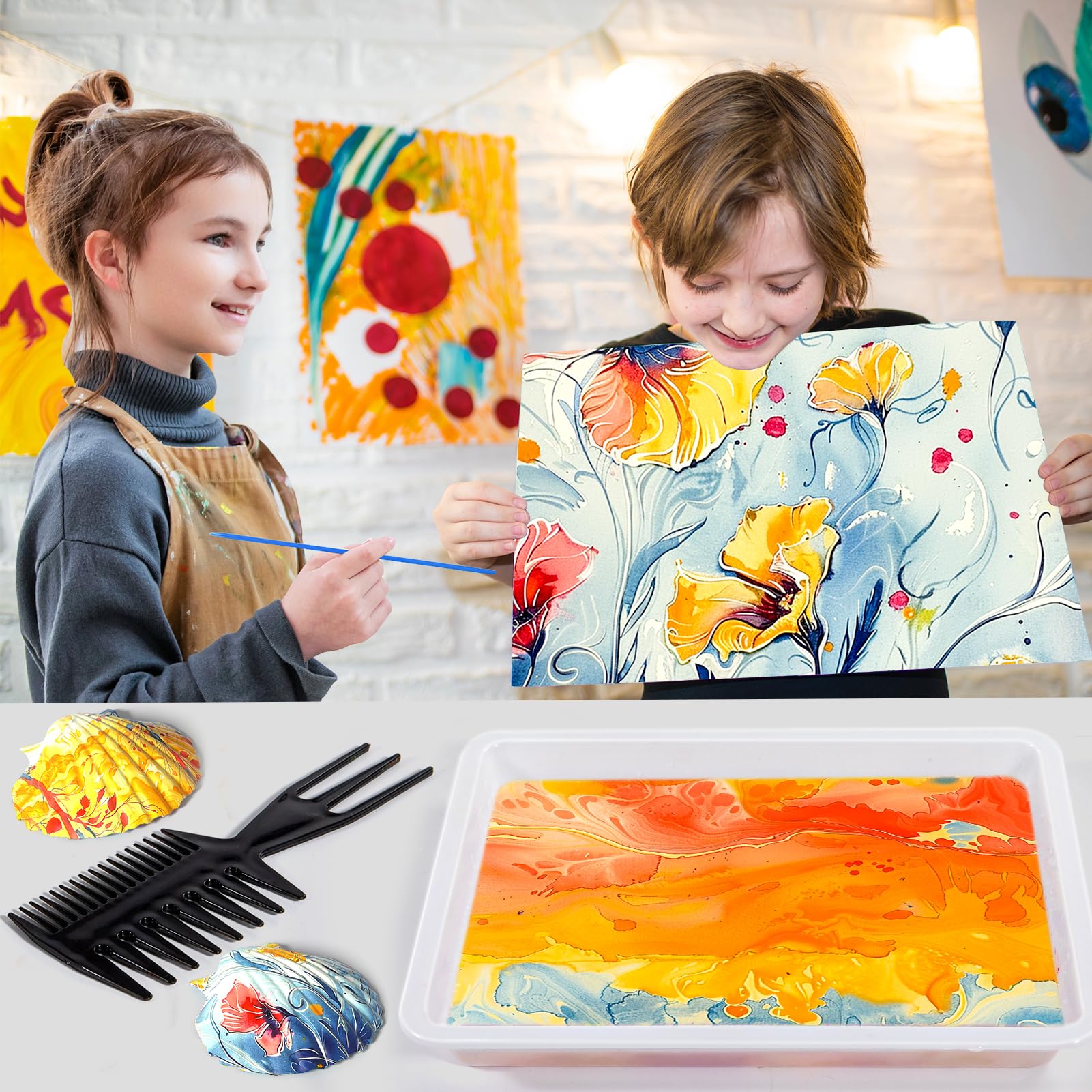 Display boxes and a tray help keep art organized