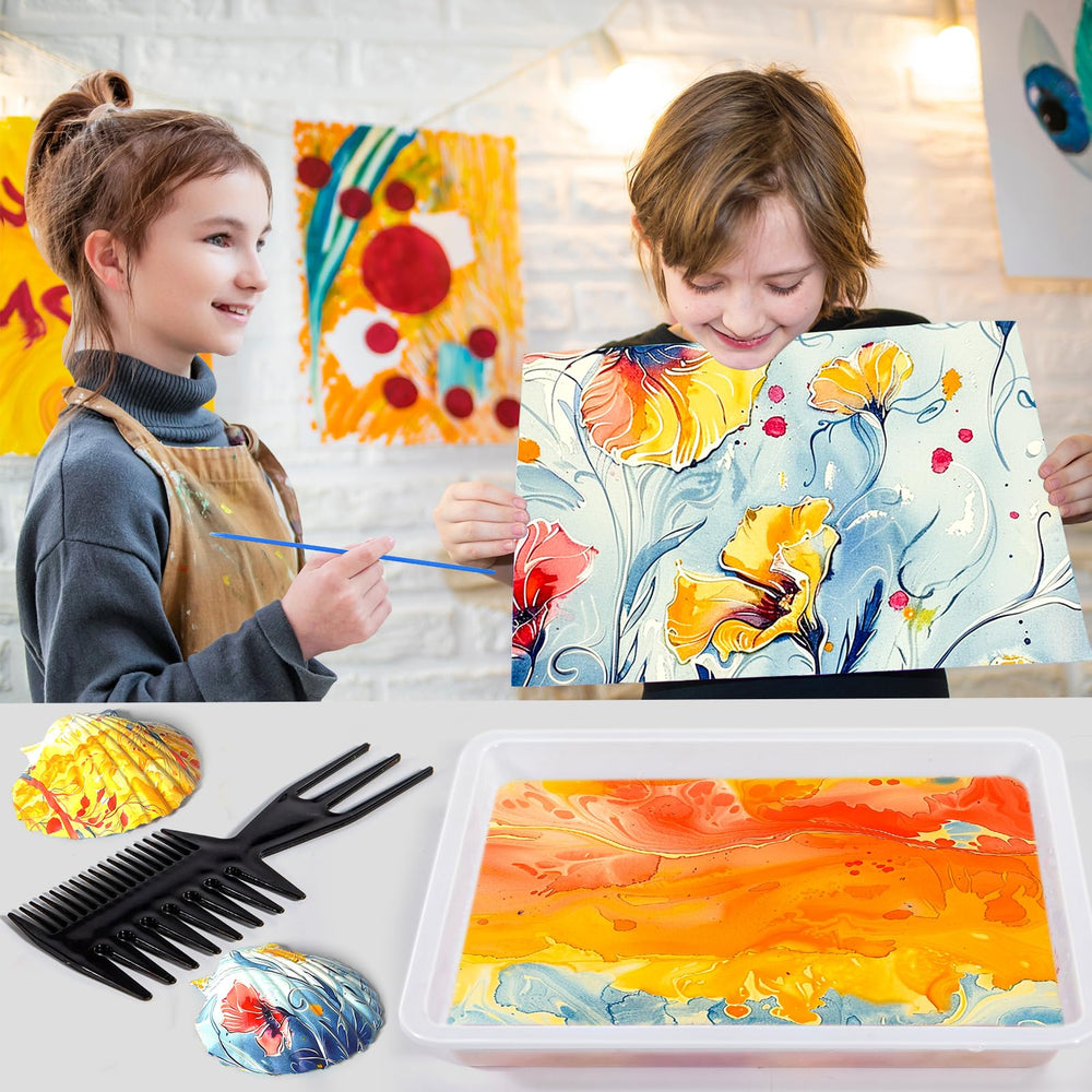 Display boxes and a tray help keep art organized