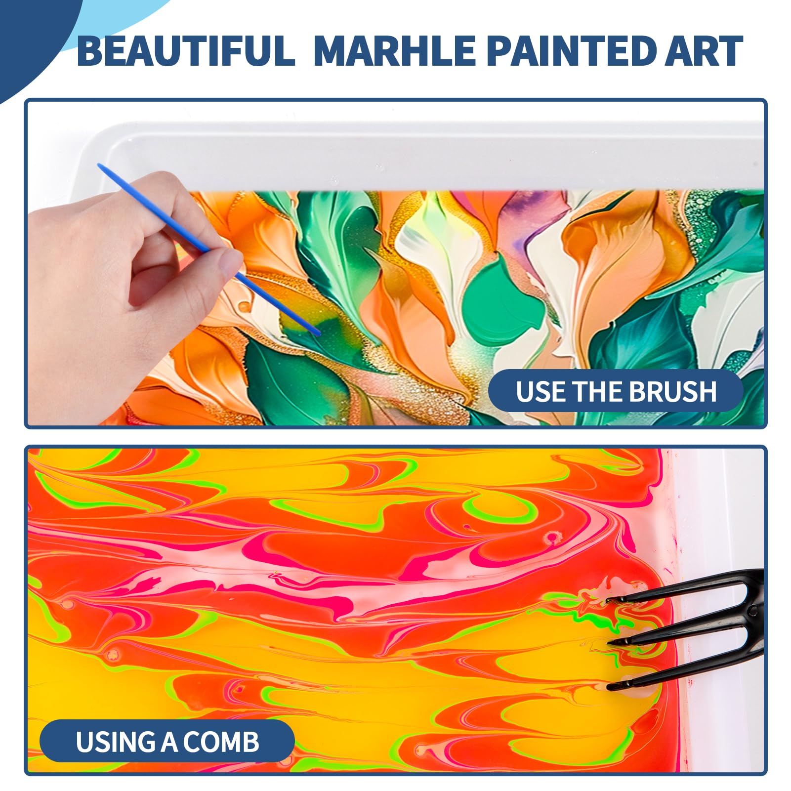 Kids explore marbling on paper after transferring from water