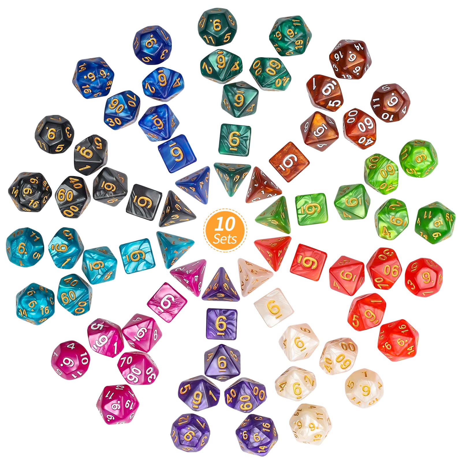 CiaraQ dice set closeup shows gold-white numerals for easy readability during play.