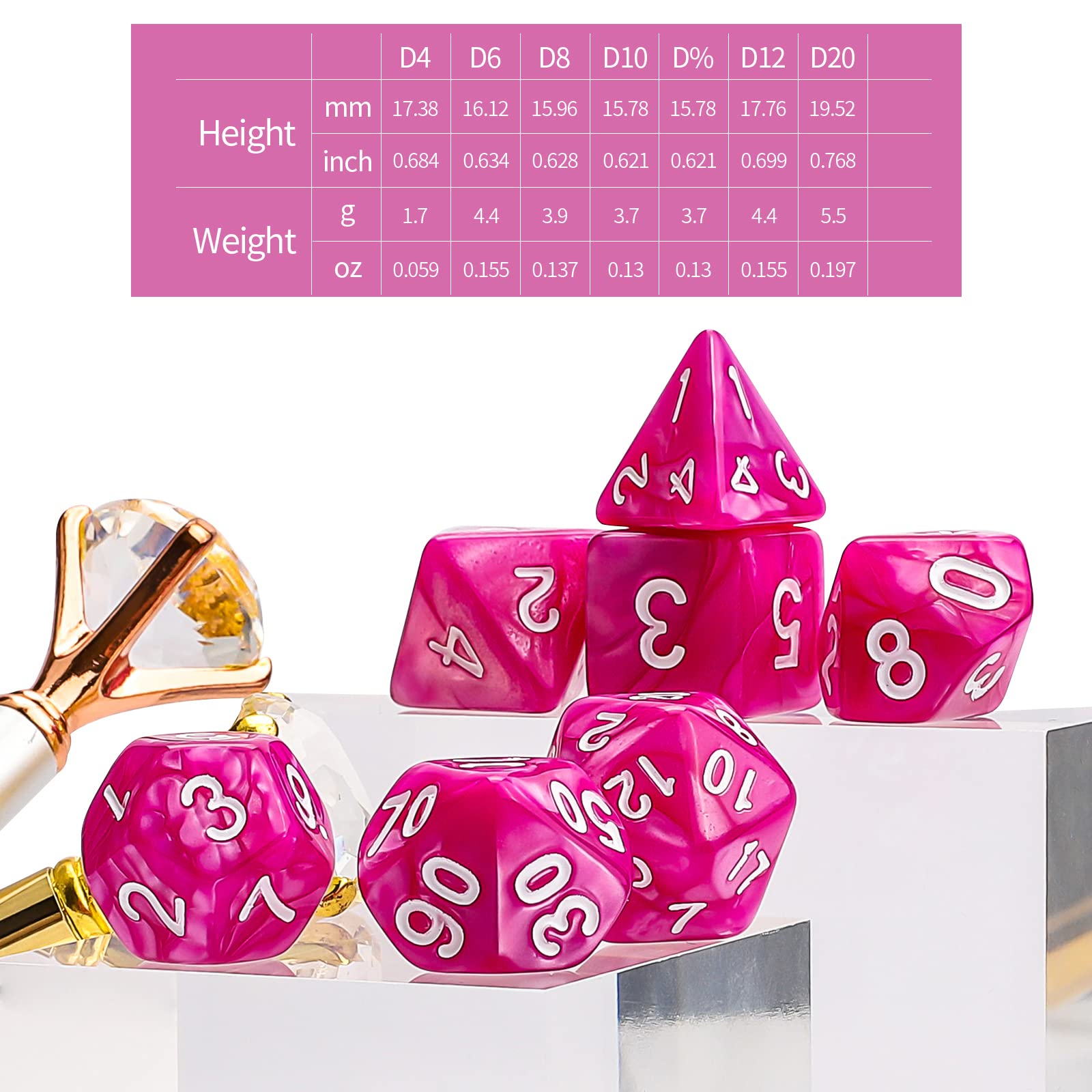 CiaraQ polyhedral dice with velvet bag for convenient storage and transport.