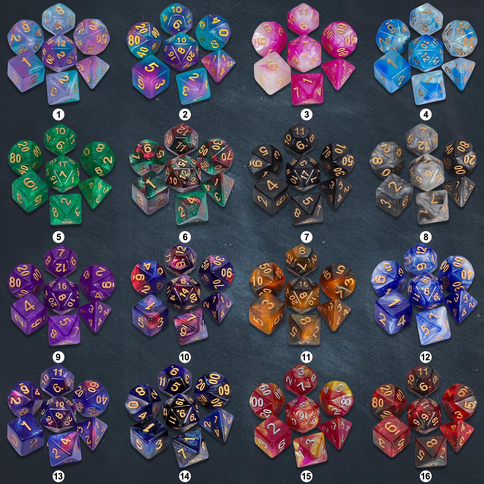 CiaraQ DND dice glitter-swirl blue for dramatic gameplay and legible numbers.