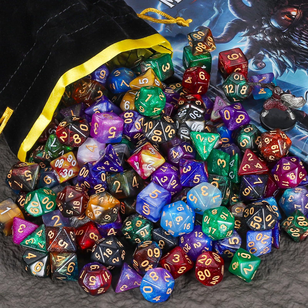 CiaraQ DND dice glitter-swirl red offers bold style and easy-to-read gold numerals.