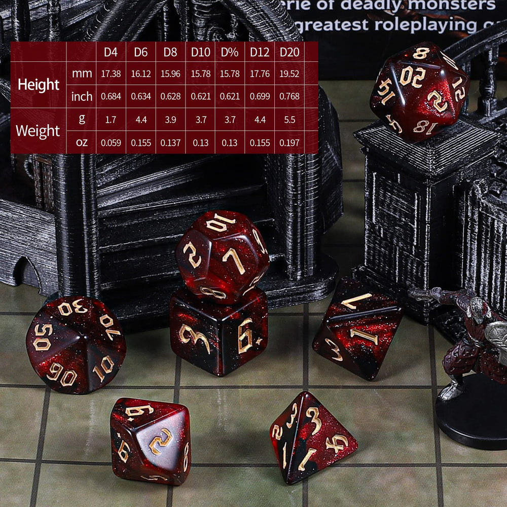CiaraQ polyhedral dice arranged for a tabletop game session.