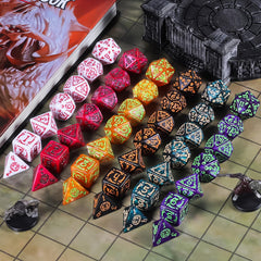 CiaraQ polyhedral dice including d20, d12, two d10s, d8, d6, and d4 for adventures.
