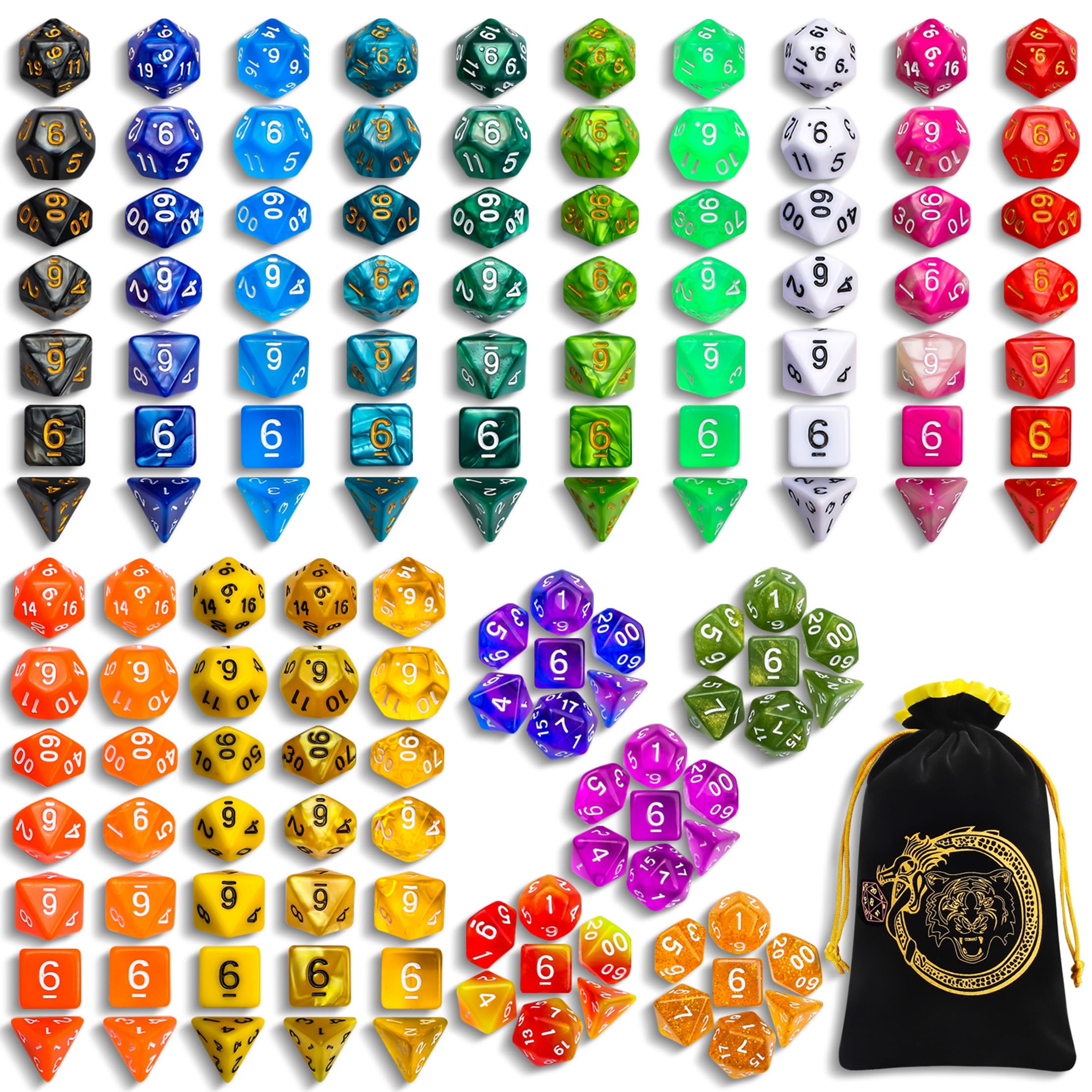 CiaraQ polyhedral dice in mixed colors, ideal for D&D and other tabletop RPGs.