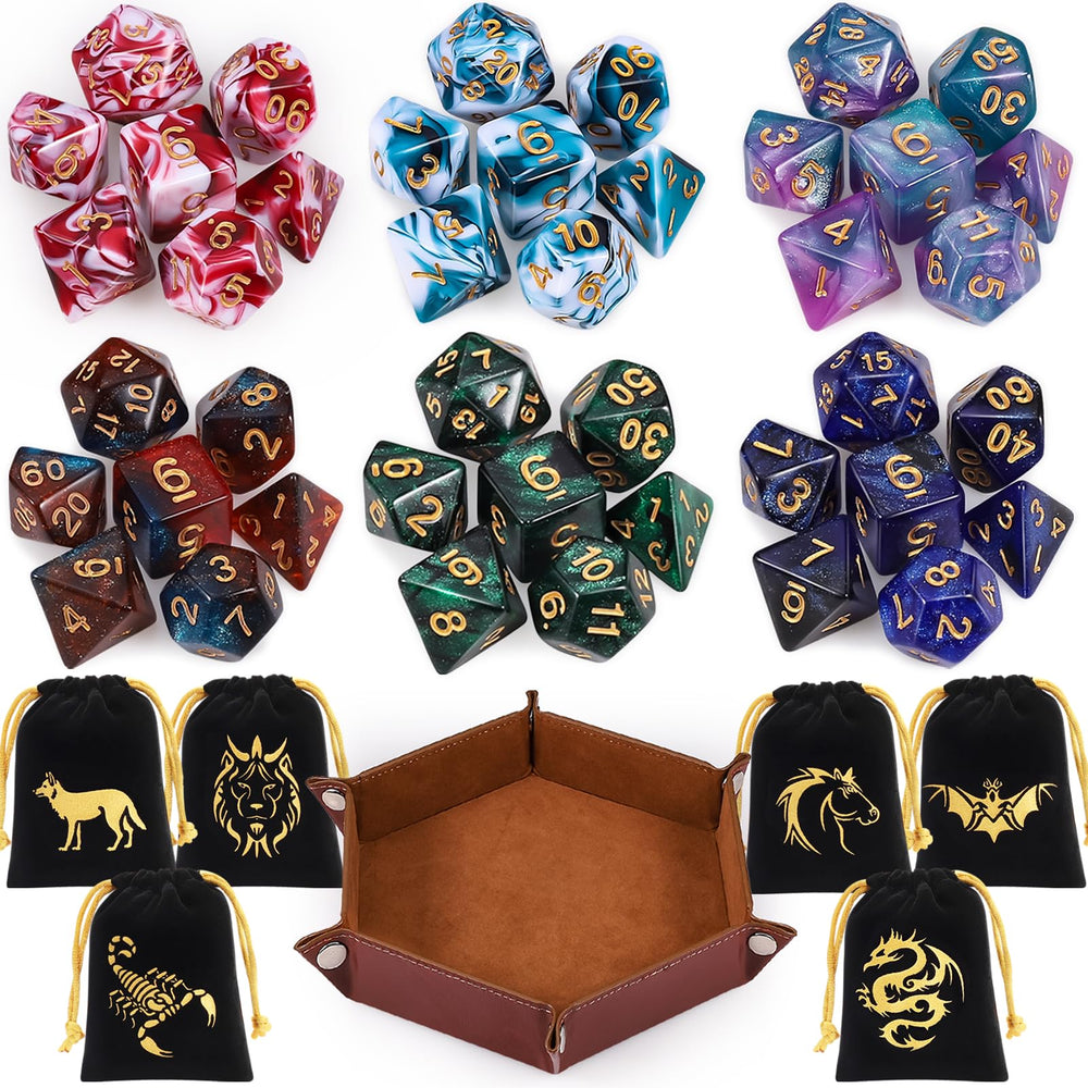 CiaraQ polyhedral dice set with six dice and vibrant colors for D&D.