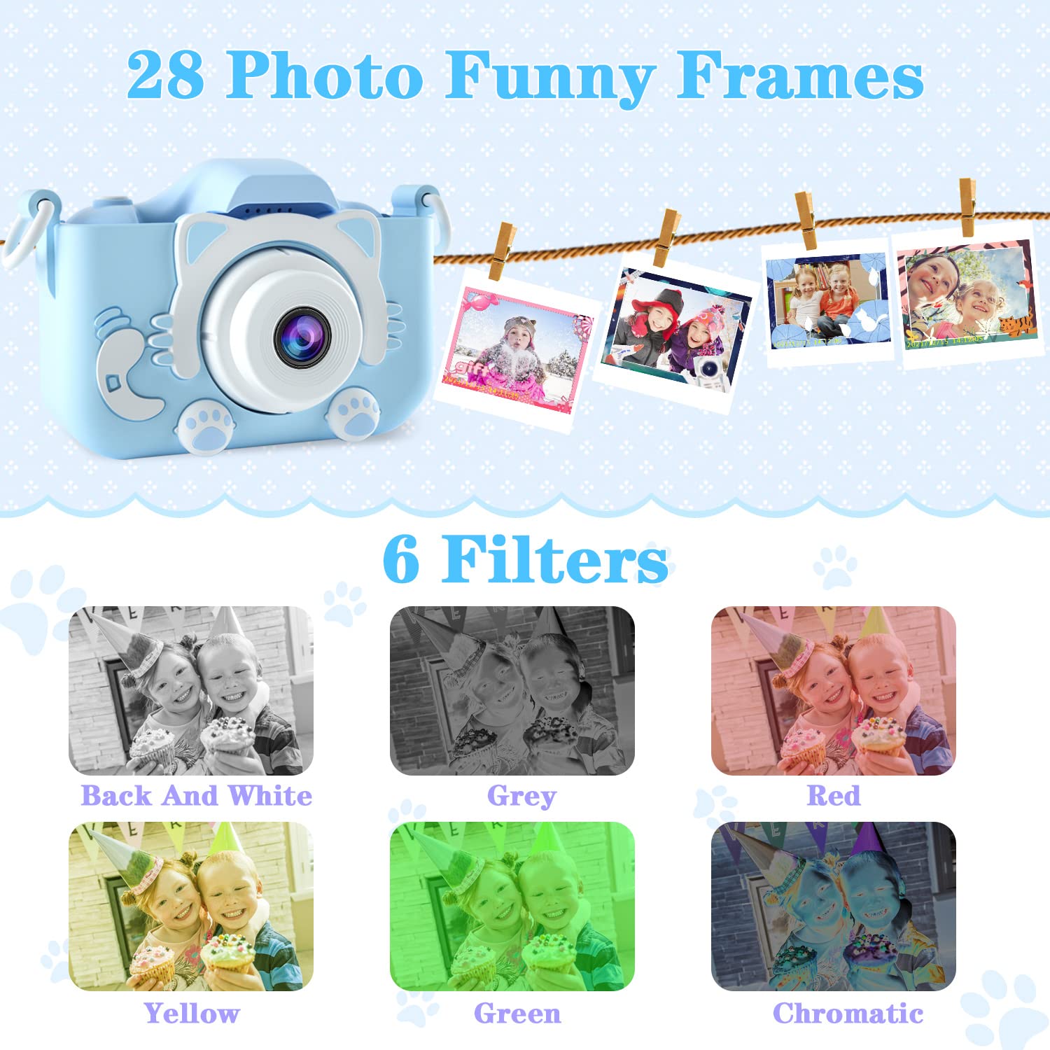 CIMELR kids camera 32GB memory card stores thousands of photos and videos.