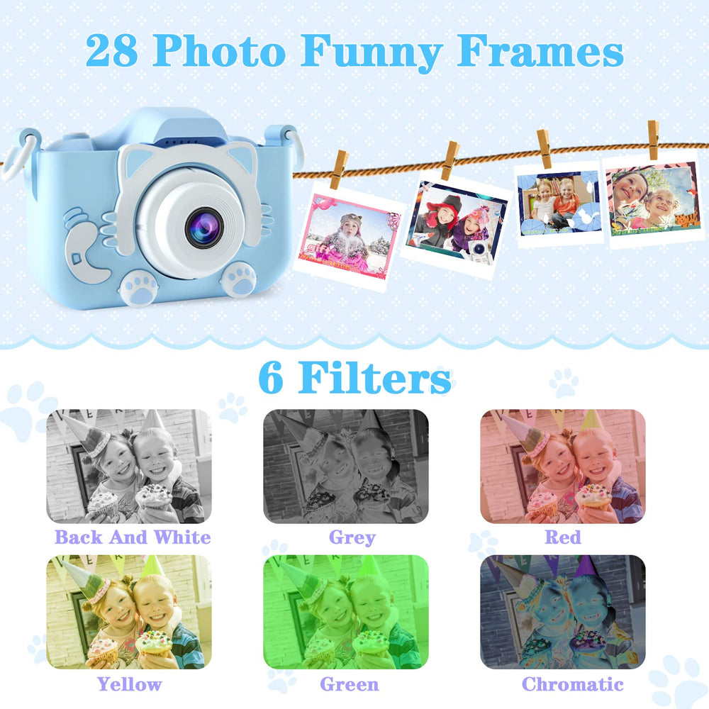 CIMELR kids camera 32GB memory card stores thousands of photos and videos.