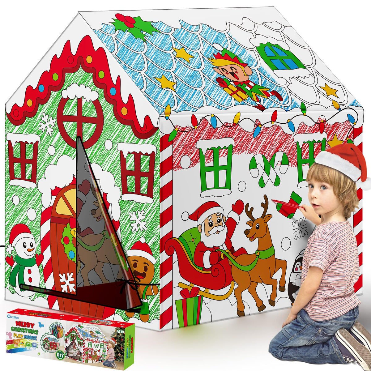 Cinrobiye Christmas Playhouse Tent with gingerbread-house design for festive coloring and imaginative play.