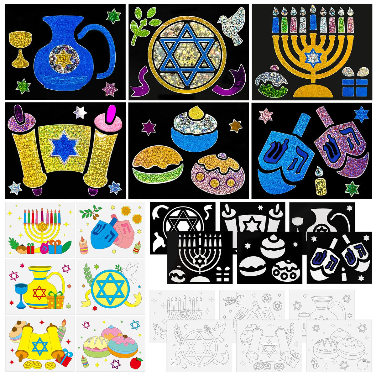 Cinrobiye Hanukkah foil art cards—six designs perfect for classroom crafts and gifts.