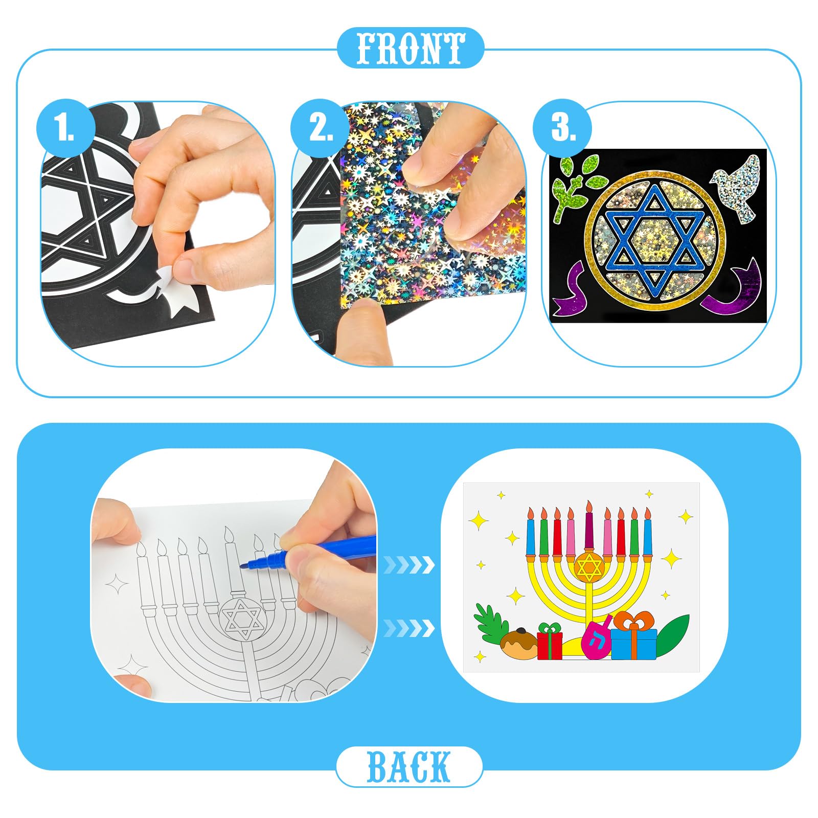 Cinrobiye dual-sided cards with foil fronts and coloring backs for versatile activities.