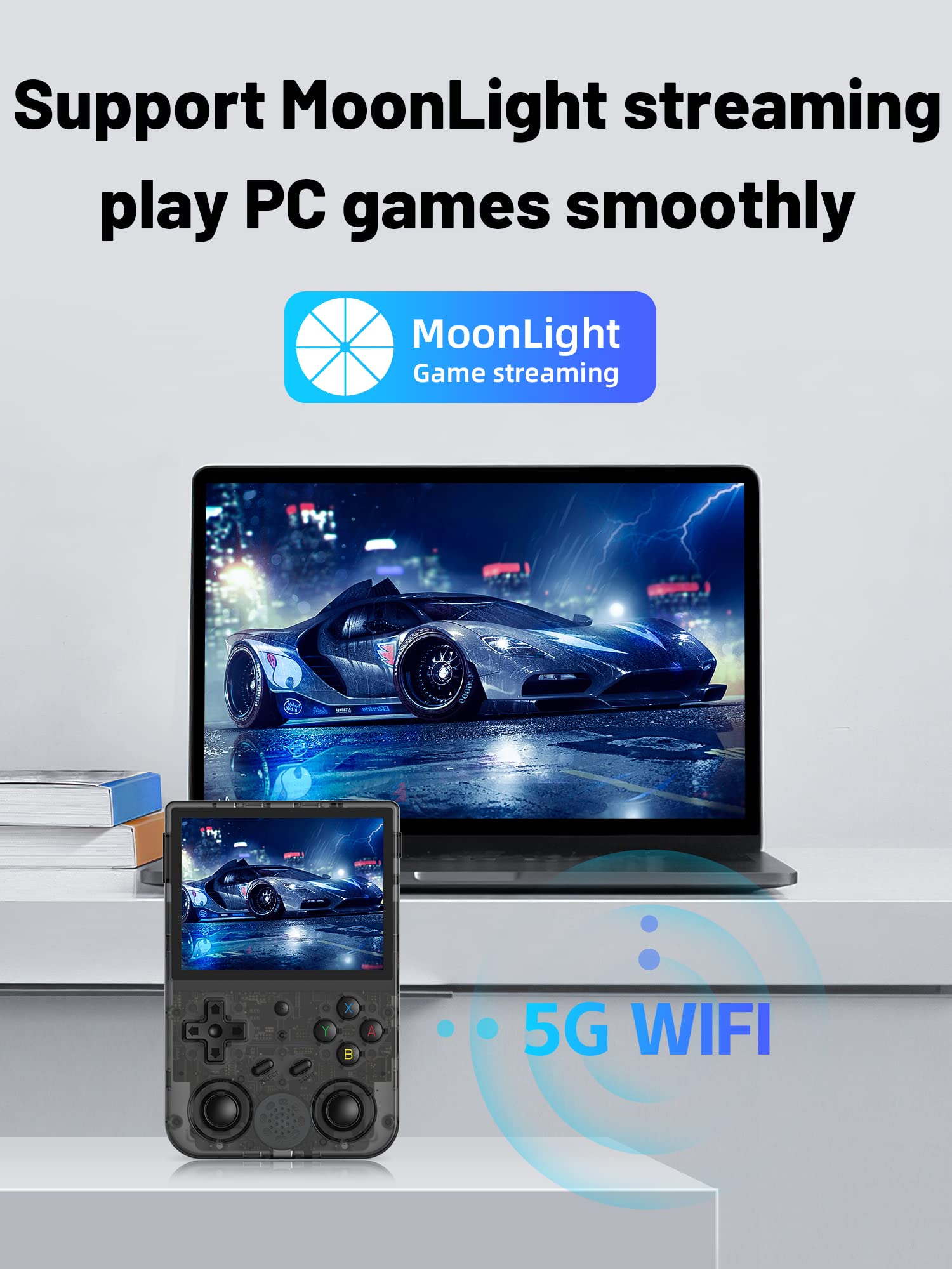 Cintwor RG353VS side view showing wired controller compatibility for multiplayer.