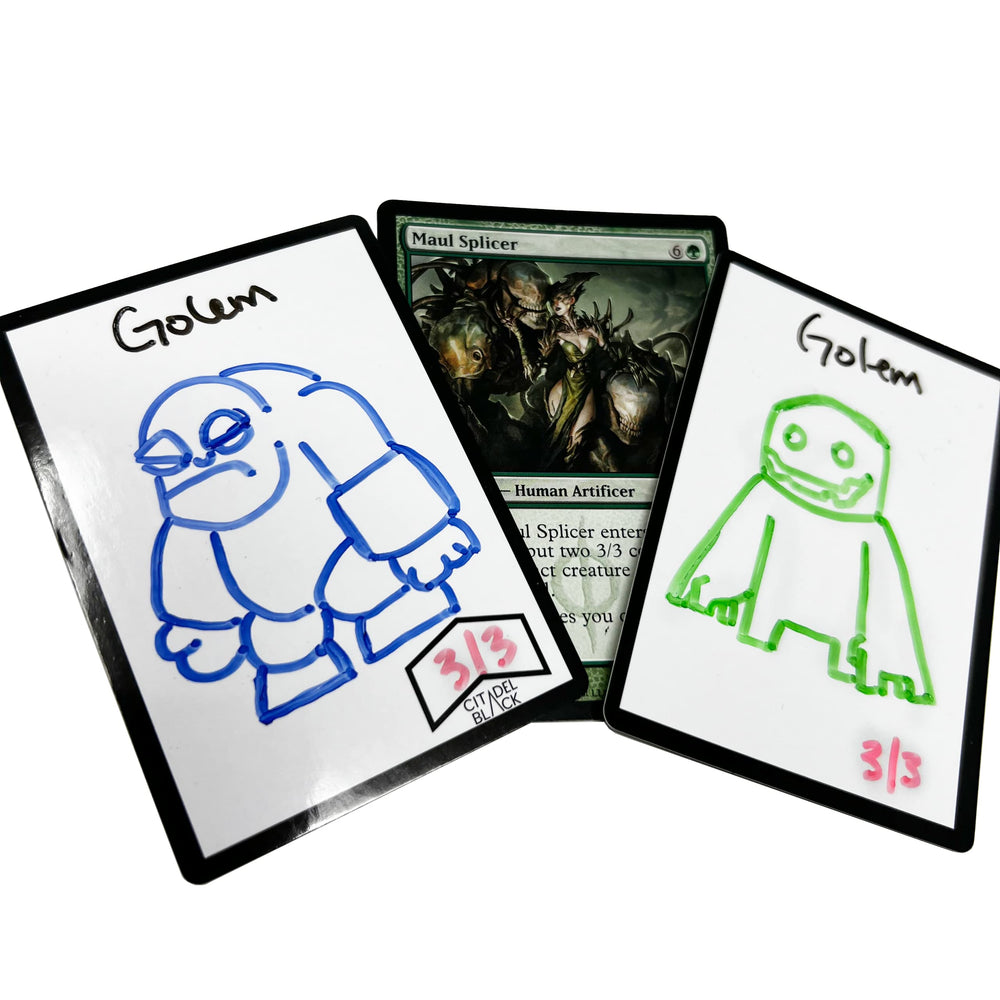 Citadel Black tokens sized 63x88mm fit standard MTG sleeves and boxes.