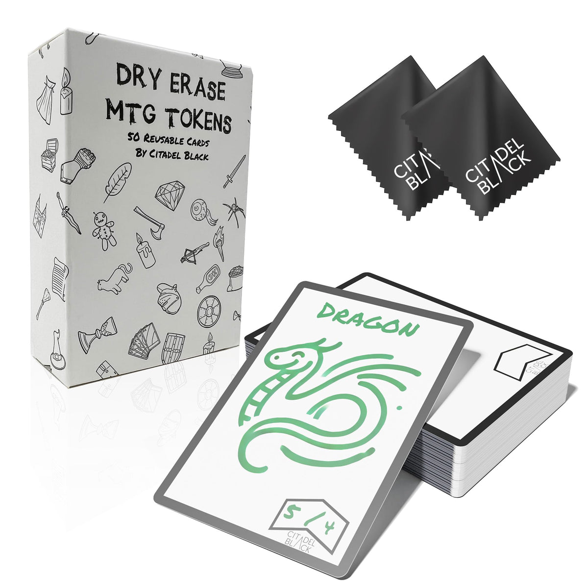 Citadel Black dry erase MTG tokens set with 50 cards for easy game tweaks.