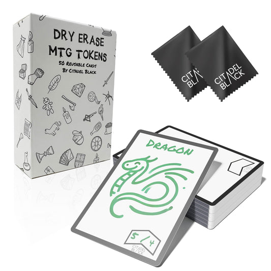 Citadel Black dry erase MTG tokens set with 50 cards for easy game tweaks.