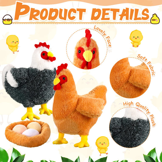 Civaner silkie chicken plush with nest and eggs for farm-themed decor.