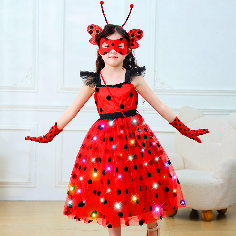 CIYTI girls light-up ladybug costume dress detail reveals soft fabric and glow