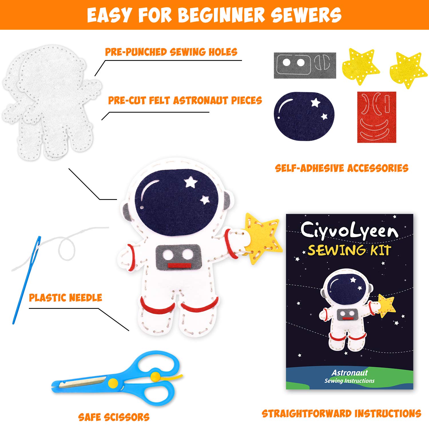 CiyvoLyeen astronaut detail supports beginner sewing and fine motor practice.