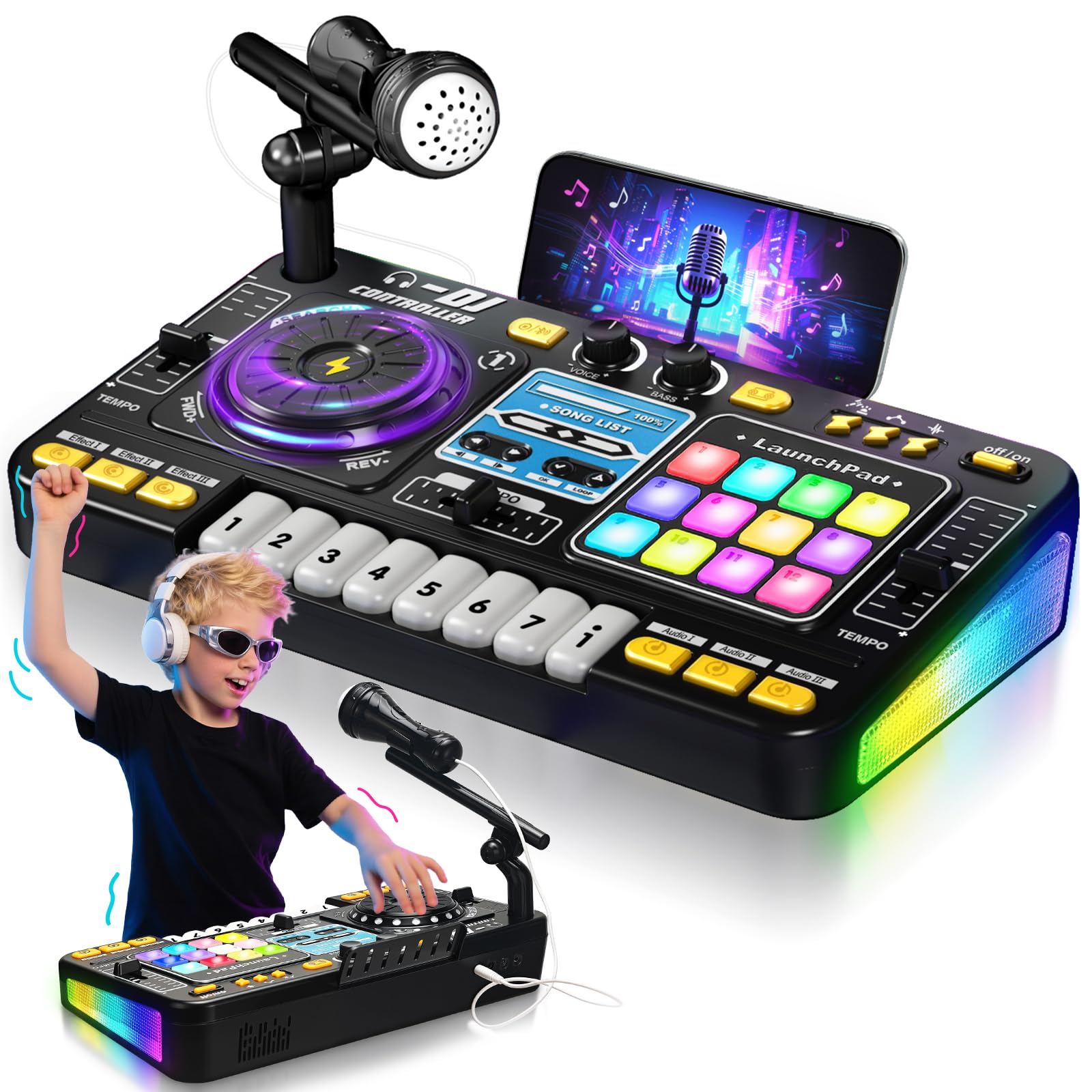 CL FUN DJ Mixer for Kids front view with colorful lights for creative play.