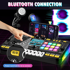 CL FUN DJ Mixer for Kids stand with sheet music supports guided practice.