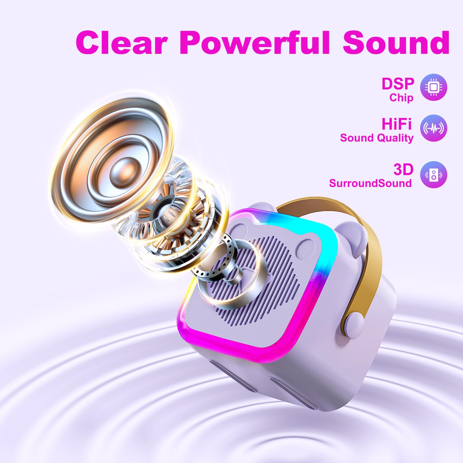 CL FUN mini karaoke purple side view with wireless microphones for parties.