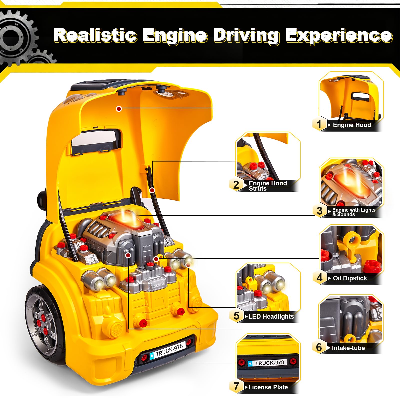CL FUN truck engine toy opening engine cover revealing accessible parts