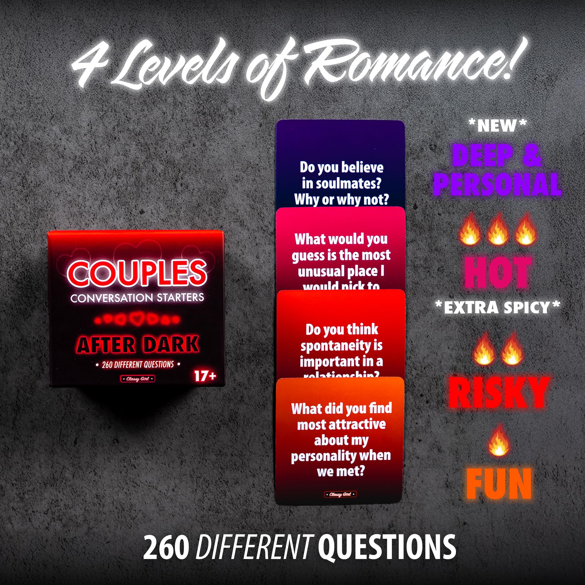 Classy Girl conversation cards back side with bold prompts for deeper, playful dialogue