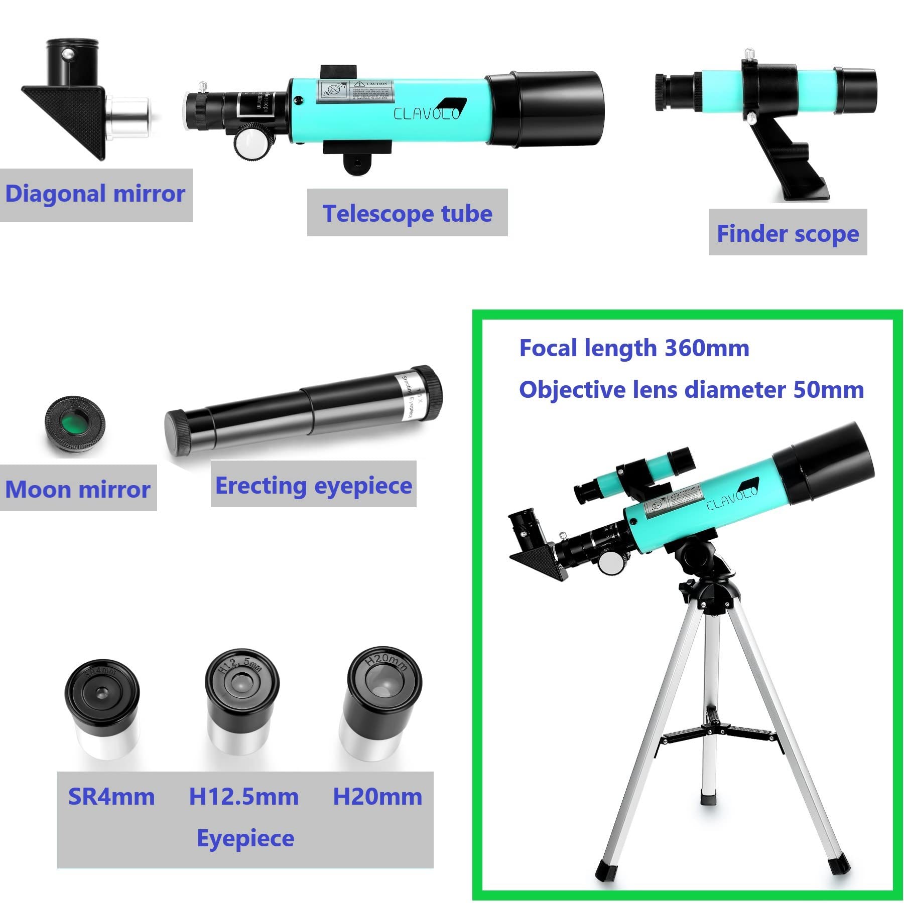 CLAVOLO erecting eyepiece 1.5x enables upright landscape viewing.