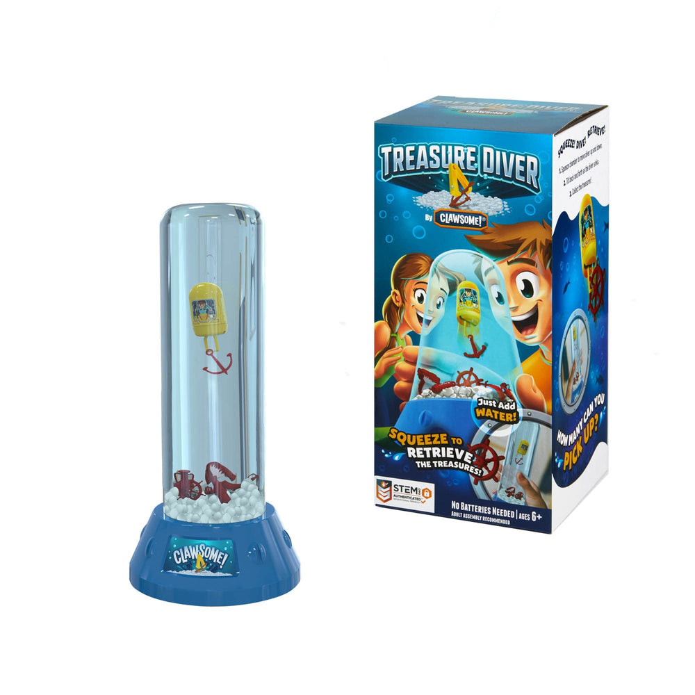 CLAWSOME Treasure Diver game packaging with diver and treasures for engaging STEM play