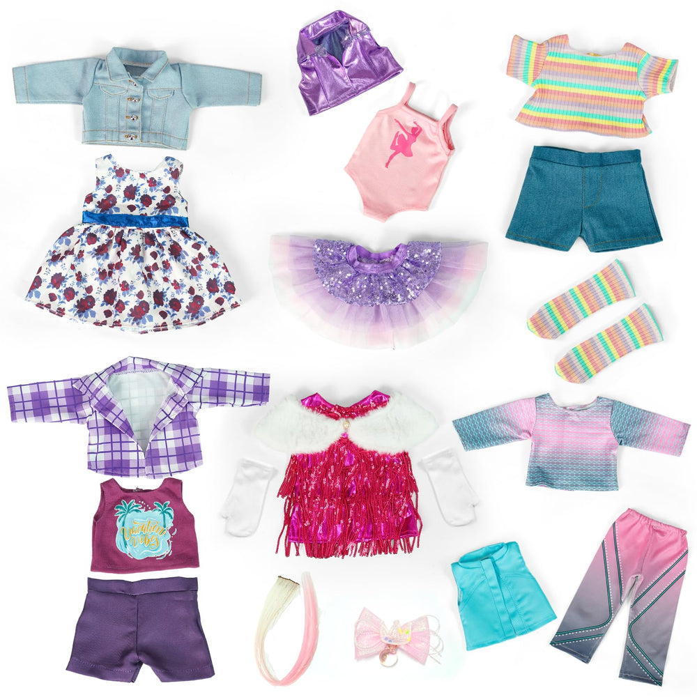 Clbaby 18-inch doll dresses offering stylish, everyday looks for pretend adventures.
