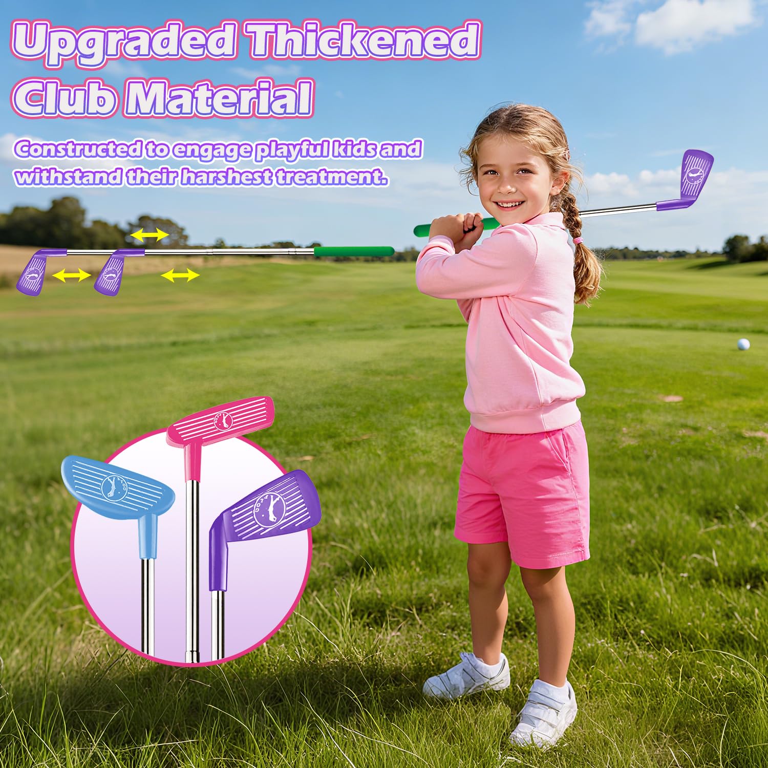 Clemas toy golf set contents show 16 pieces for versatile play.