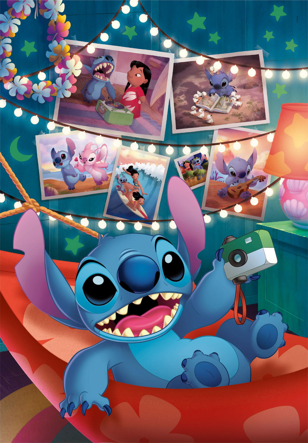 Clementoni Disney Stitch puzzle pieces spread on a table for group solving.