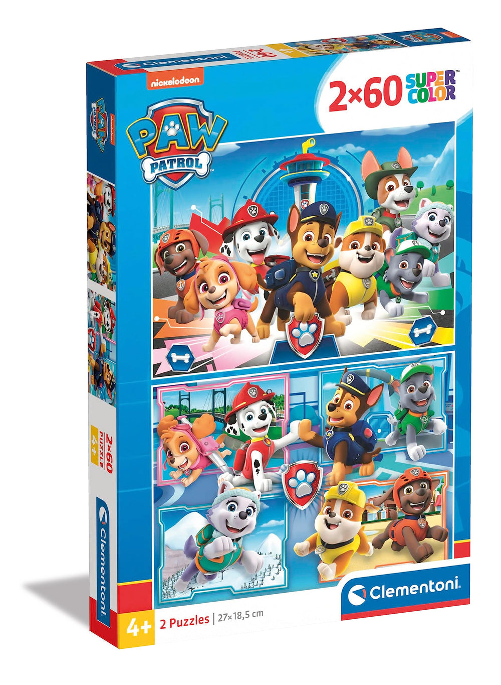 Clementoni Paw Patrol puzzle 2x60 pieces laid out for kids; bright colors aid observation