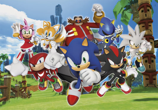 Clementoni Sonic Supercolor 104-piece puzzle assembled shows complete image for confident problem solving.