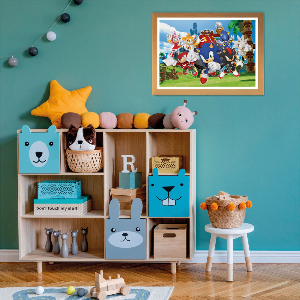 Clementoni Sonic Supercolor 104-piece puzzle colorful image highlights vivid colours and curiosity.